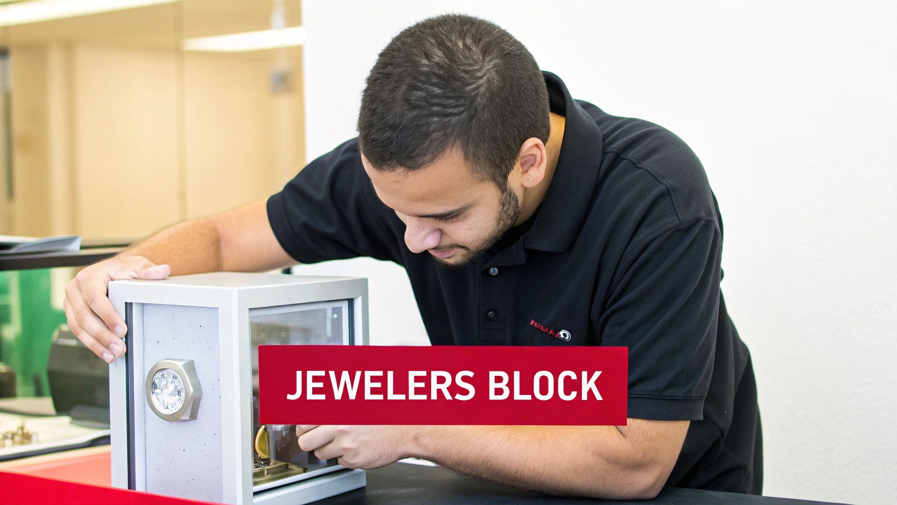 A focused man inspects a modern small jewelry safe with a transparent front in a clean workshop.