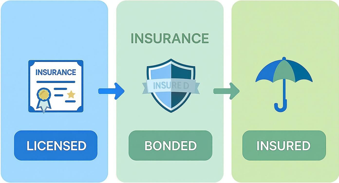 A visual diagram illustrating the steps from licensed to bonded to insured for business protection.