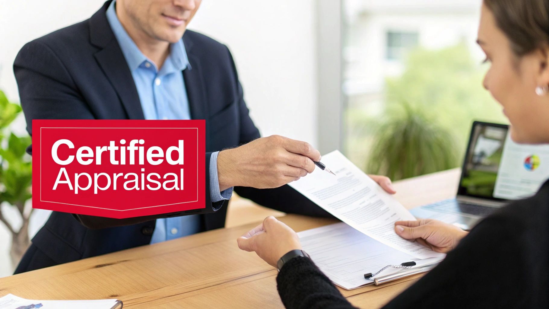 A man in a suit hands 'Certified Appraisal' documents and a pen to a woman across a desk.