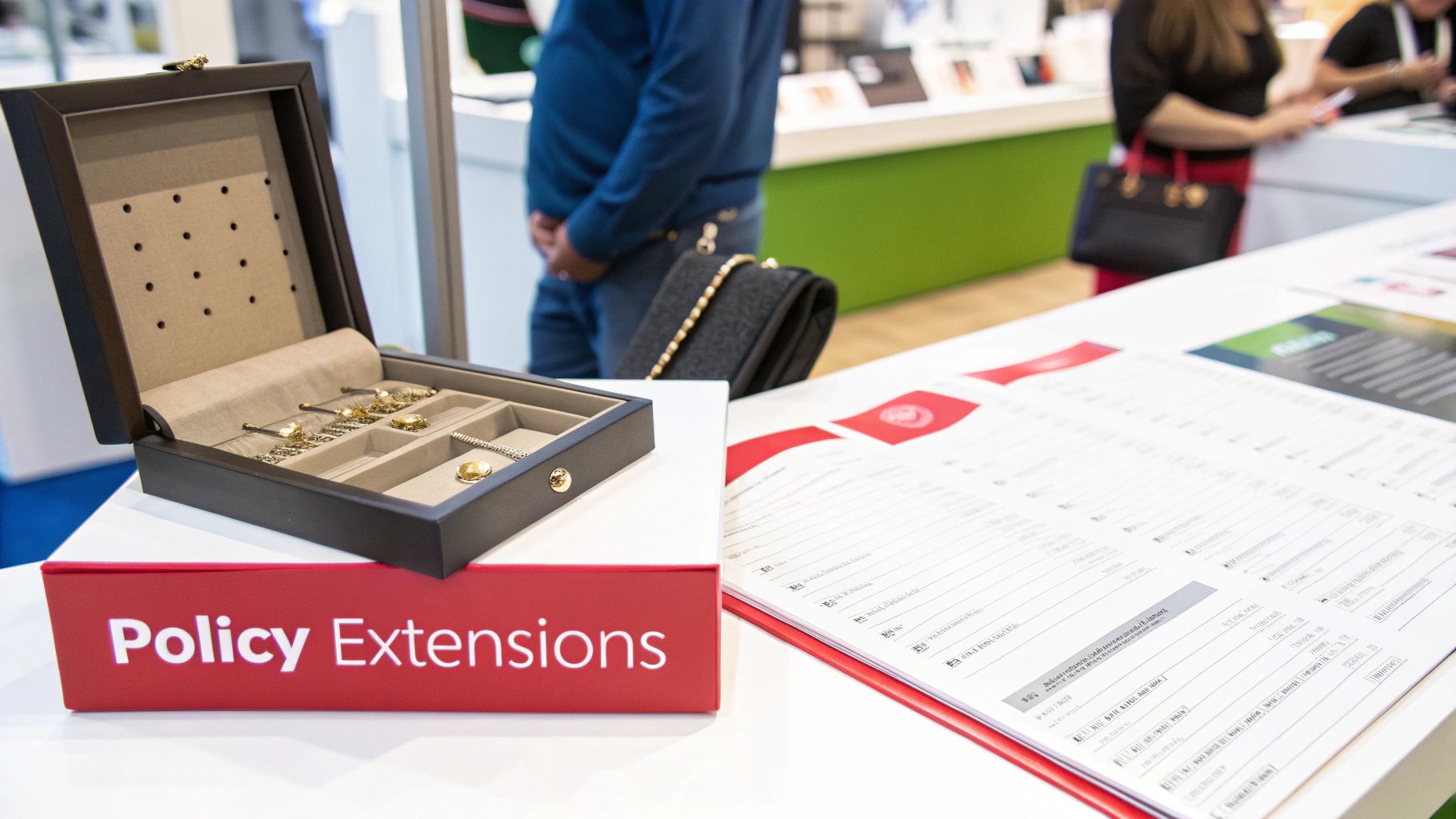 An open jewelry box filled with gold jewelry rests on a red box labeled 'Policy Extensions', next to an open document.