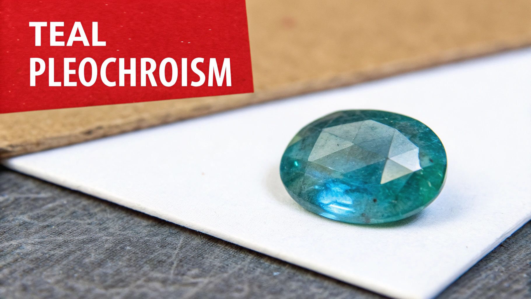 A faceted oval teal gemstone showcasing pleochroism on a white cloth, with a red banner reading 'TEAL PLEOCHROISM'.
