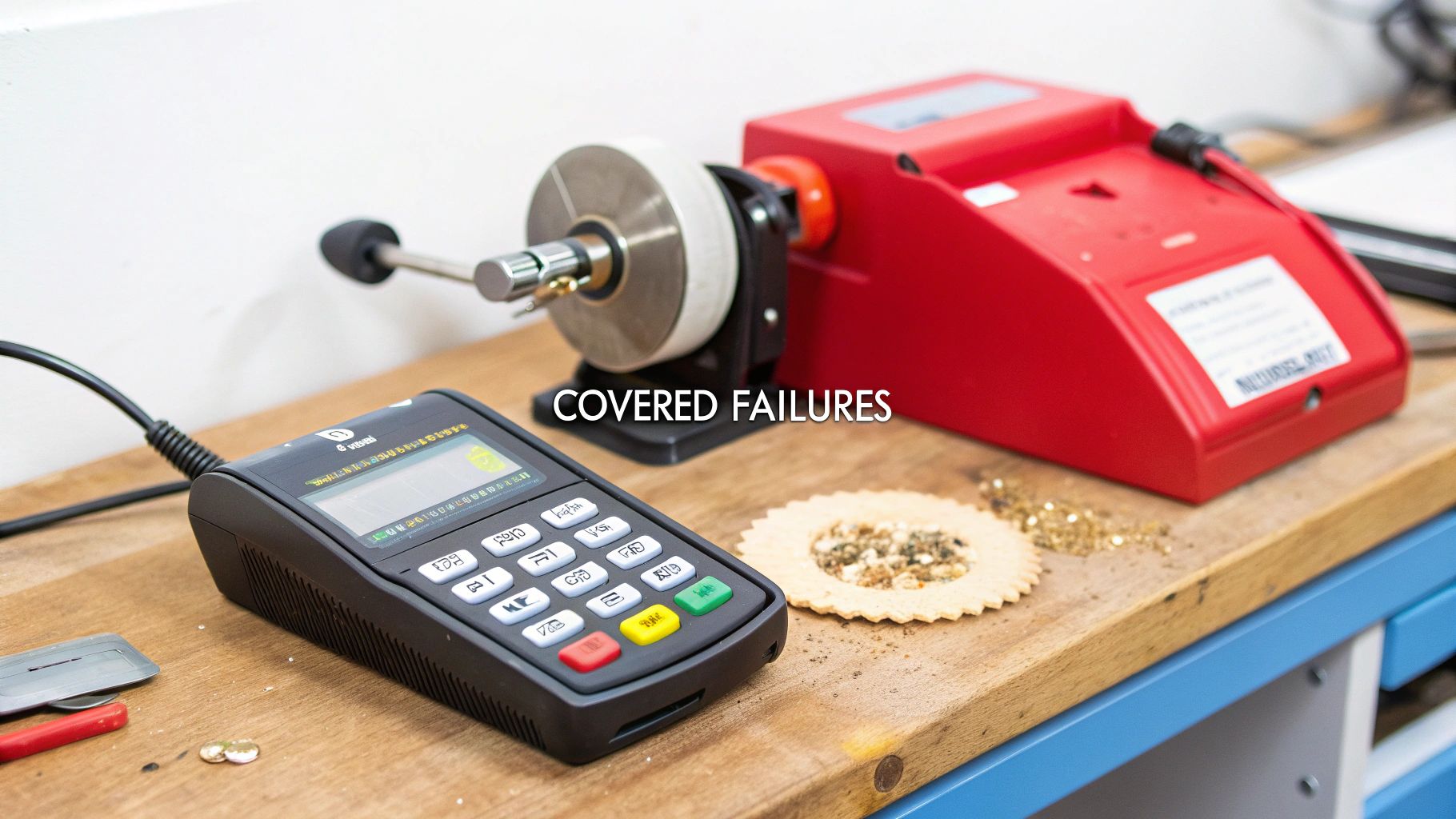A black payment terminal, red machine, and a biscuit with small items on a wooden workbench.