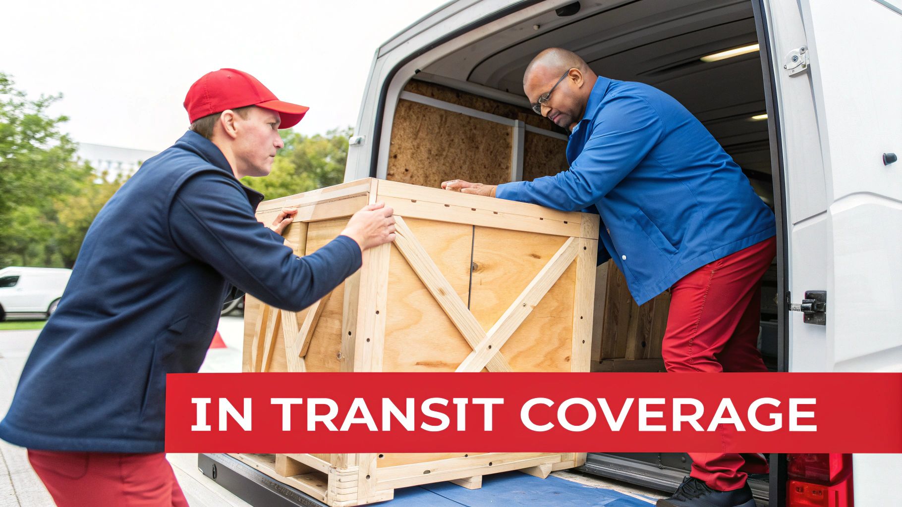 Two men carefully load a large wooden crate into a white delivery van, symbolizing secure transit.