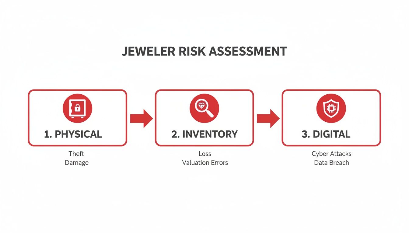 A diagram outlining jeweler risk assessment categories: physical, inventory, and digital, with associated risks.