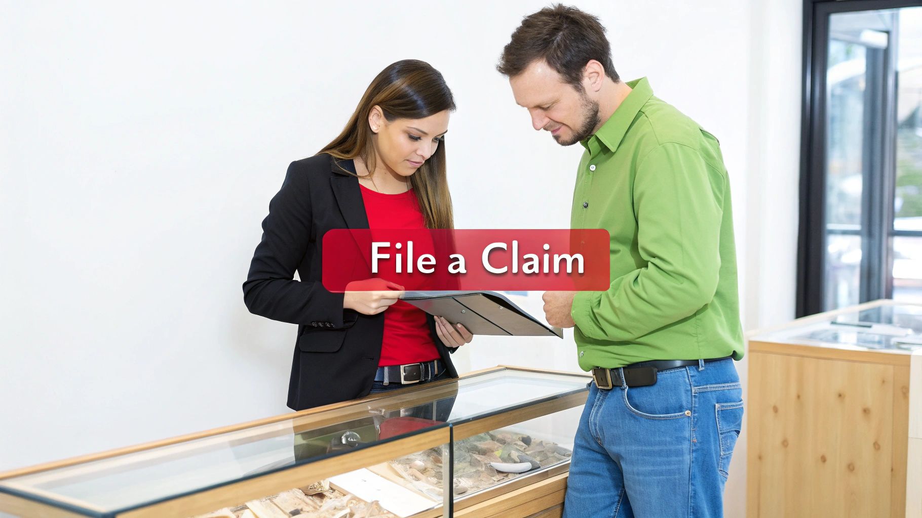 Two people, a man and a woman, review a document in a jewelry store, with 'File a Claim' text.