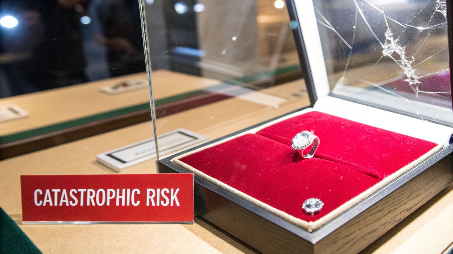 A diamond ring sits in a red velvet display case with a broken glass cover, labeled "CATASTROPHIC RISK".