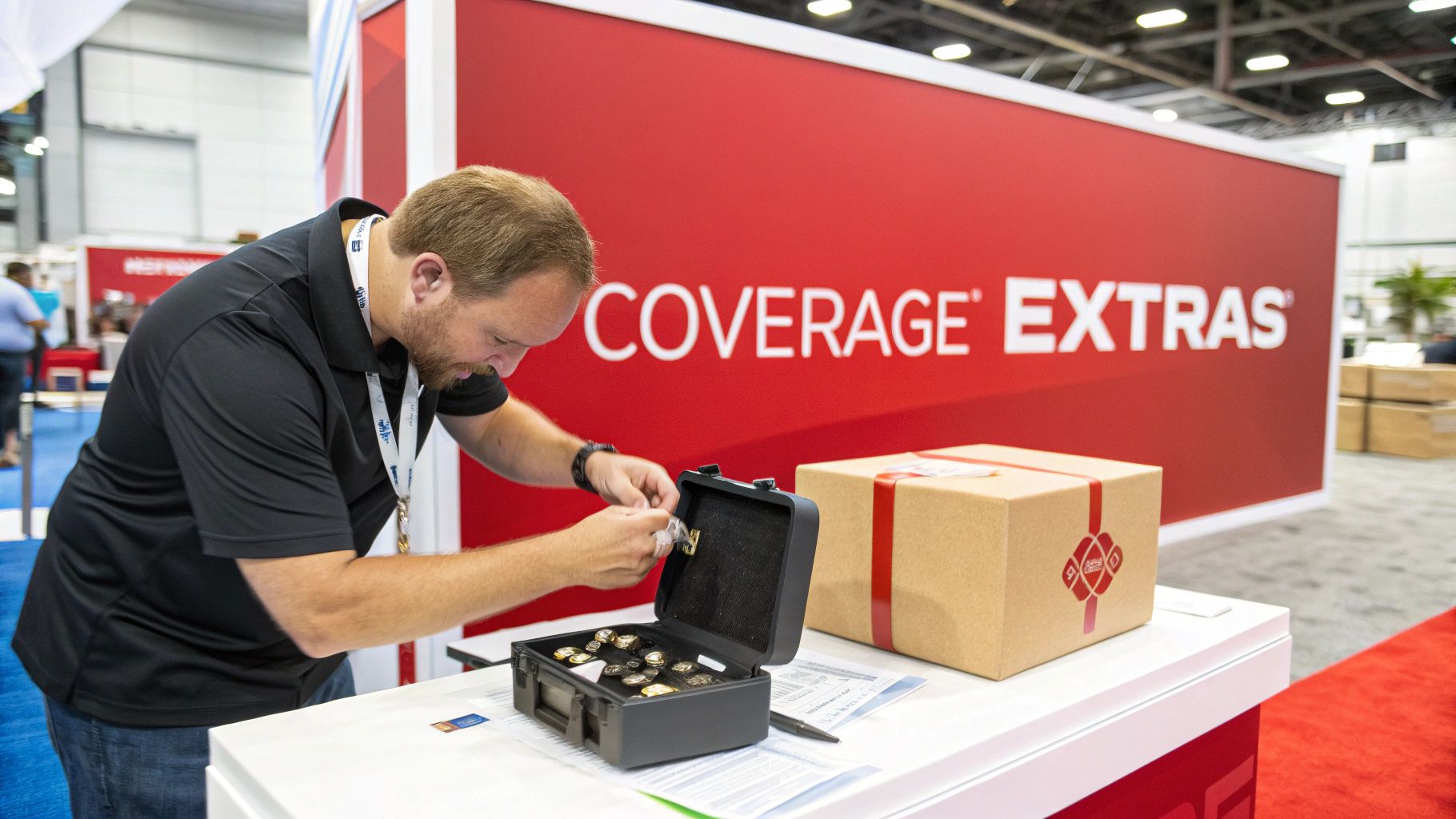 A man examines valuable items in a small case at a 'COVERAGE EXTRAS' trade show booth.