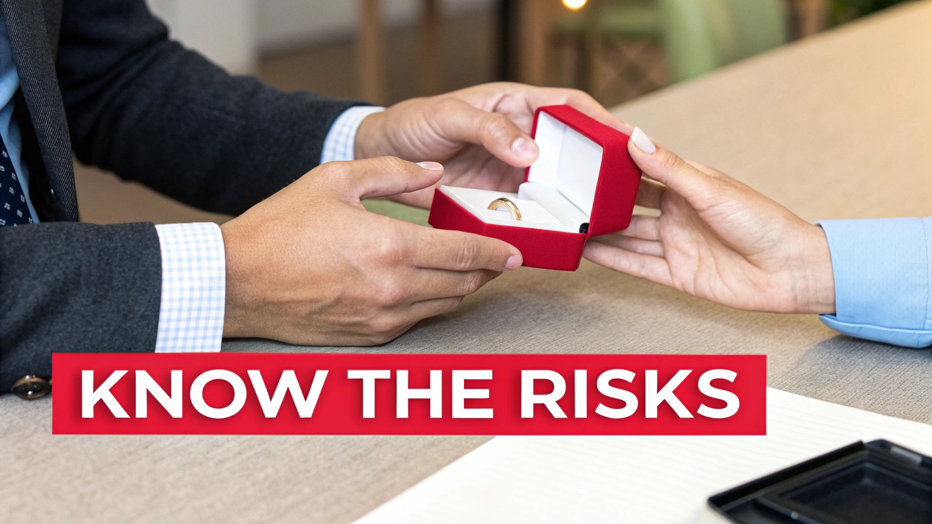 A man offers an engagement ring in a red box to a woman, with text 'KNOW THE RISKS' overlayed.
