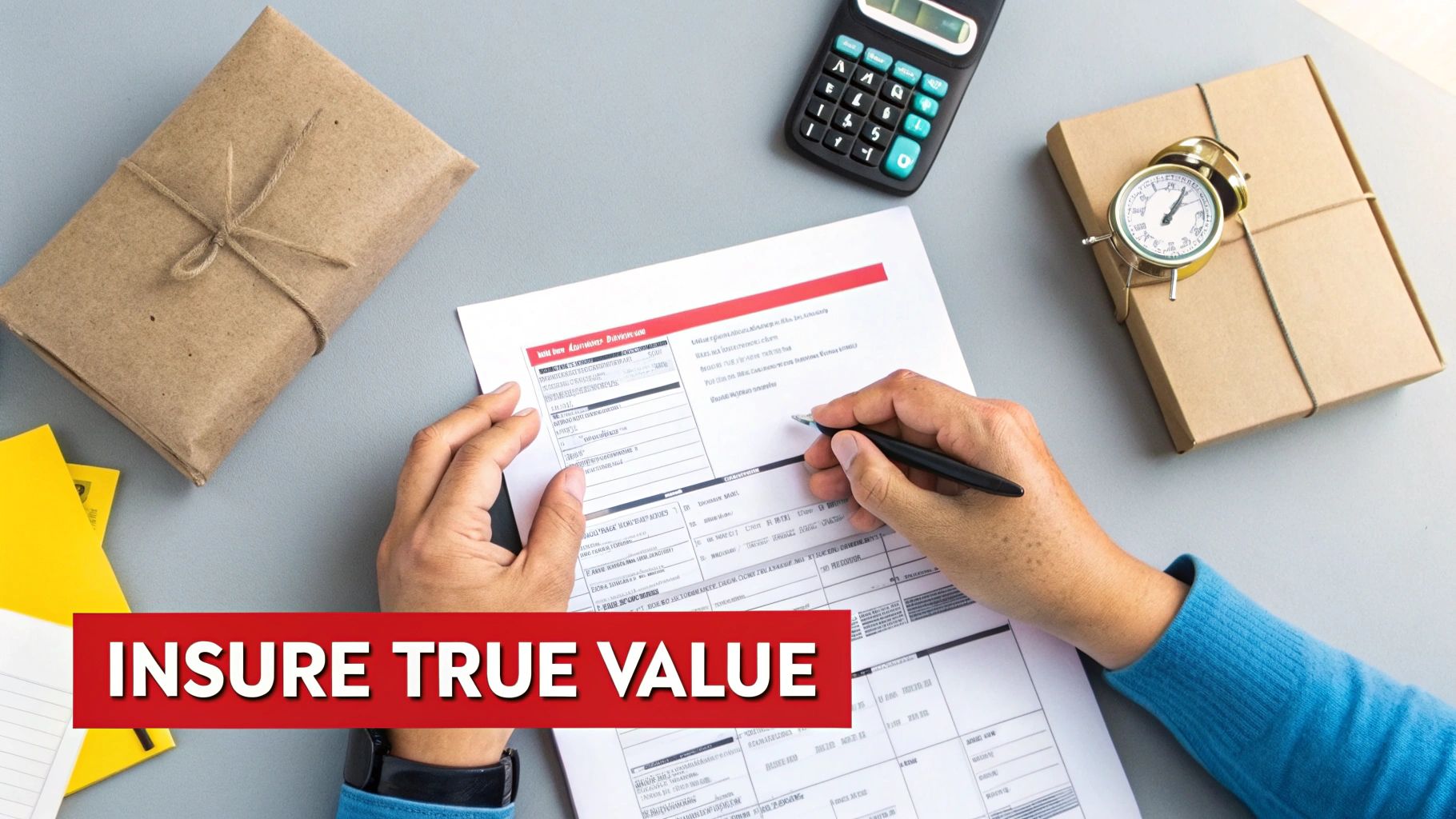 Overhead view of hands filling an insurance form on a desk with packages and a calculator.