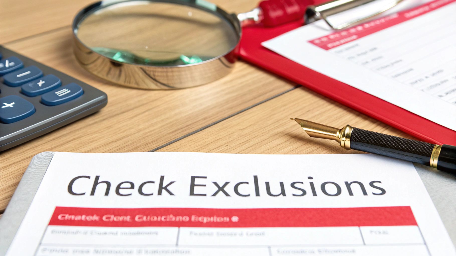 Desk with 'Check Exclusions' document, calculator, magnifying glass, and fountain pen, suggesting a detailed review.