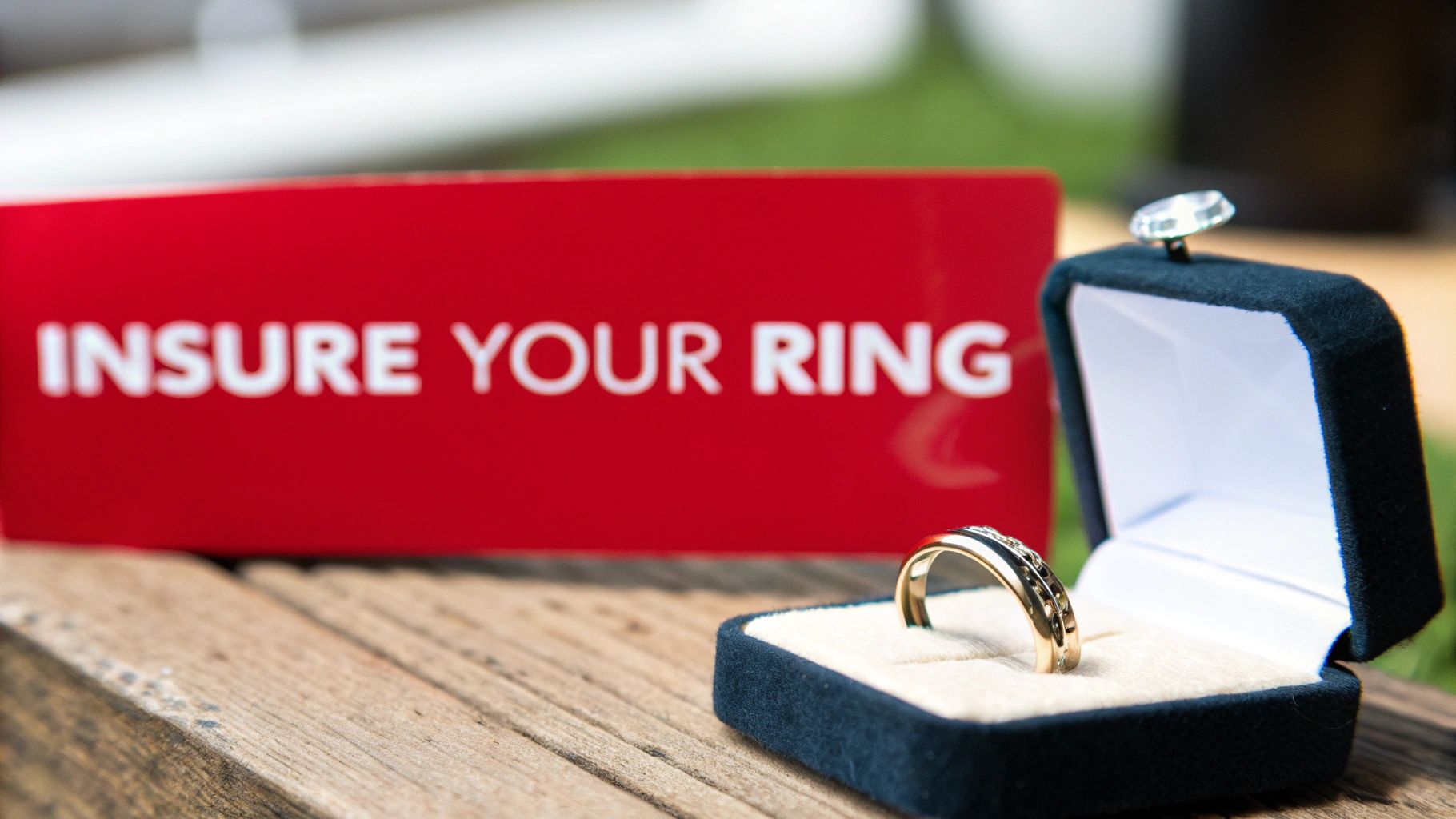 A gold wedding ring with black details in a black velvet box, next to a red 'INSURE YOUR RING' sign on a wooden surface.