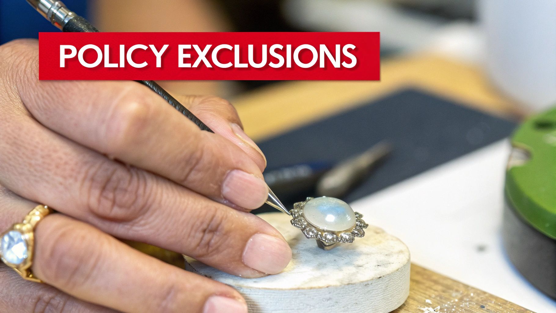 Hands delicately crafting a gemstone ring with a tool, beneath a red 'POLICY EXCLUSIONS' banner.