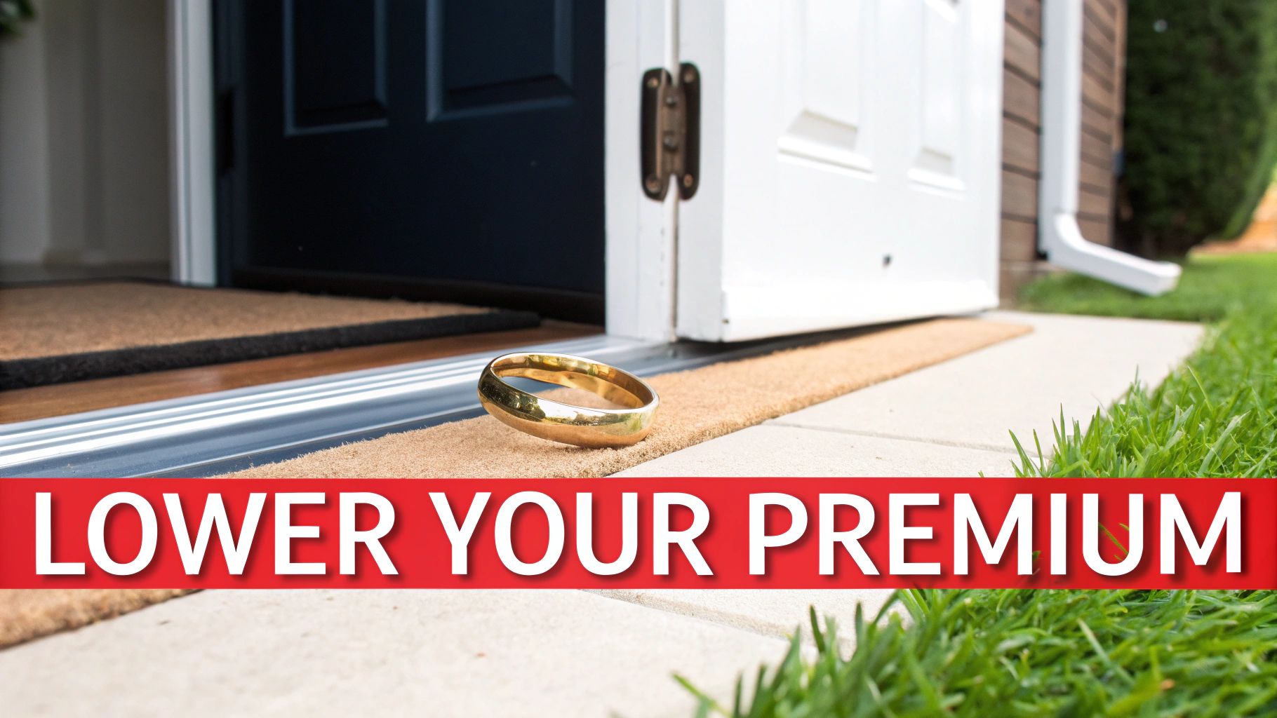 A gold ring on a doormat in front of an open house door with a 'LOWER YOUR PREMIUM' banner.