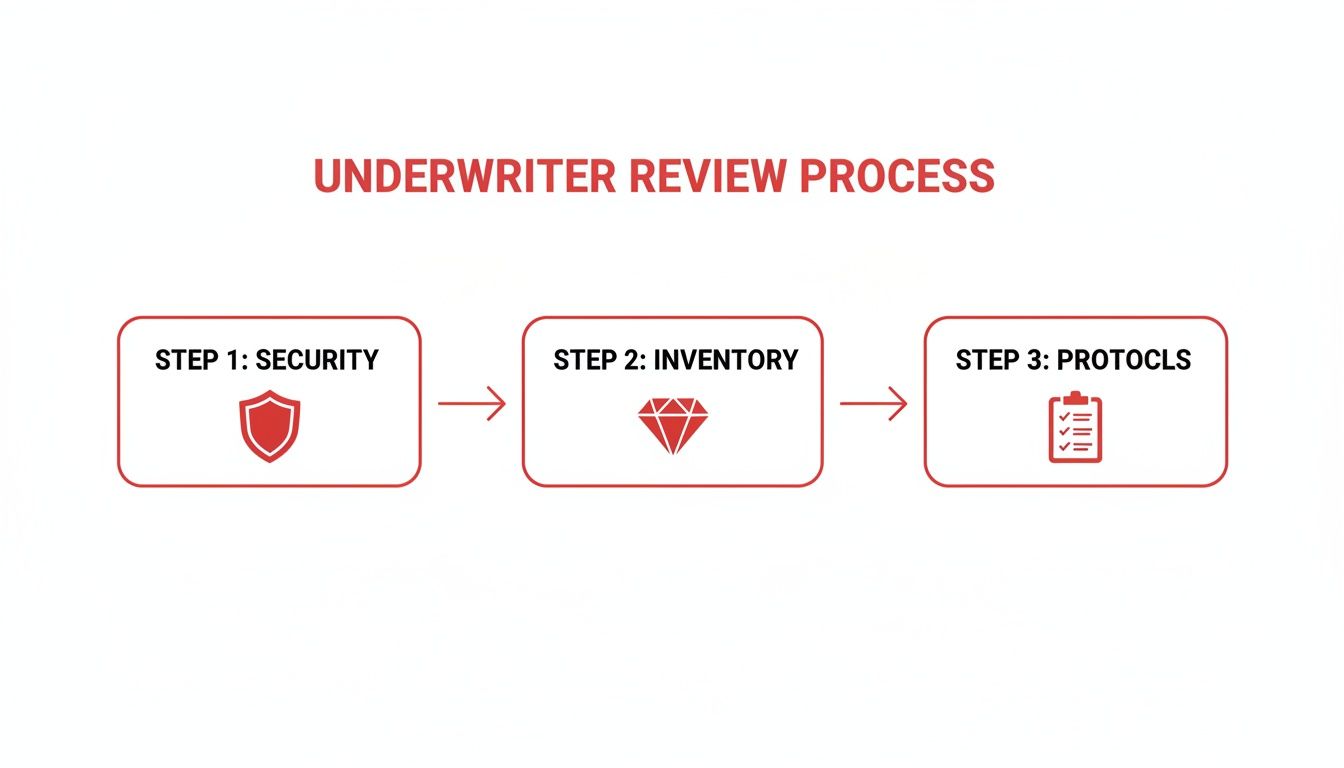 Underwriter review process flowchart illustrating steps for security, inventory, and protocols with icons.