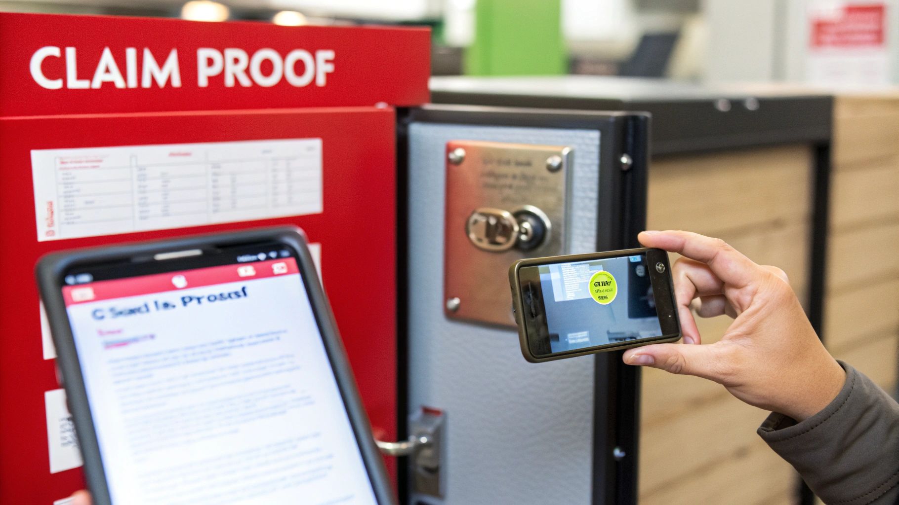 A person uses two smartphones, one displaying text, and the other scanning a red safe labeled 'CLAIM PROOF' with a lock mechanism.