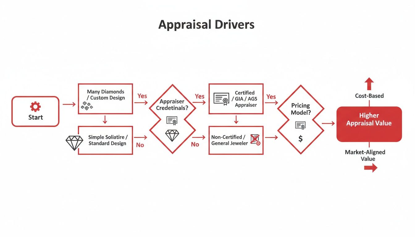 Flowchart illustrating appraisal drivers for jewelry, including design, appraiser credentials, and pricing models.
