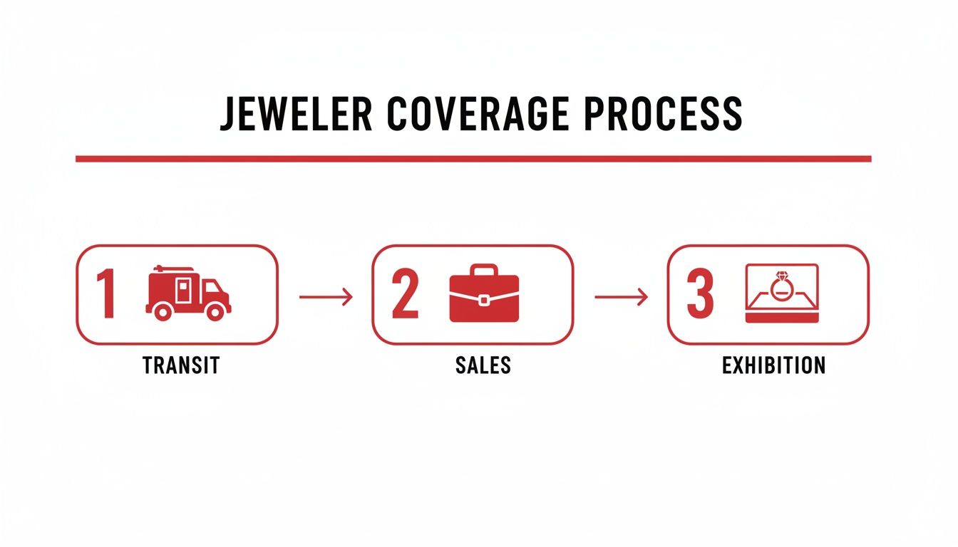 Jeweler coverage process diagram illustrating protection during transit, sales, and exhibition stages.