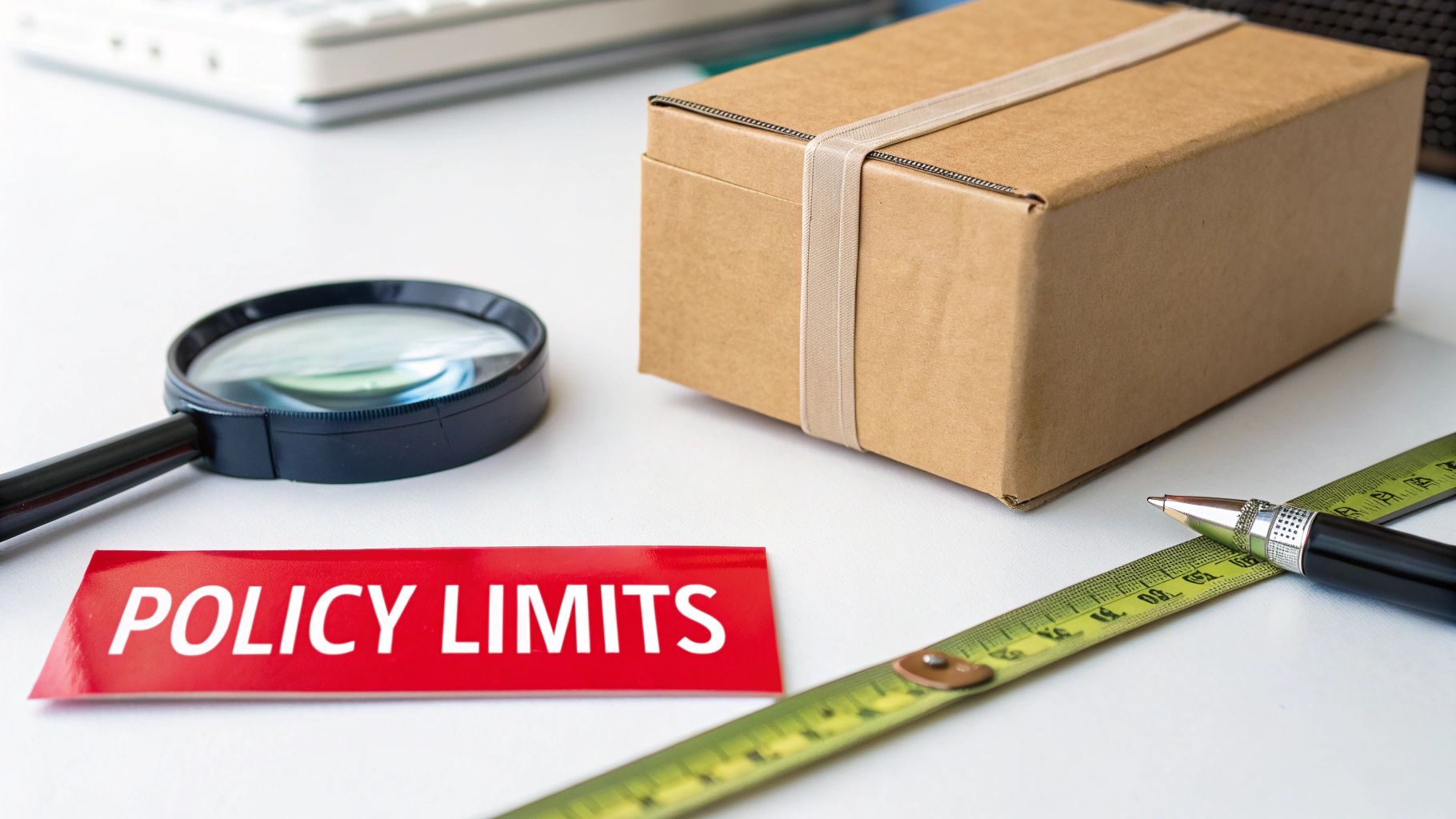 A magnifying glass, a cardboard box, measuring tape, and a pen surround a 'POLICY LIMITS' label.
