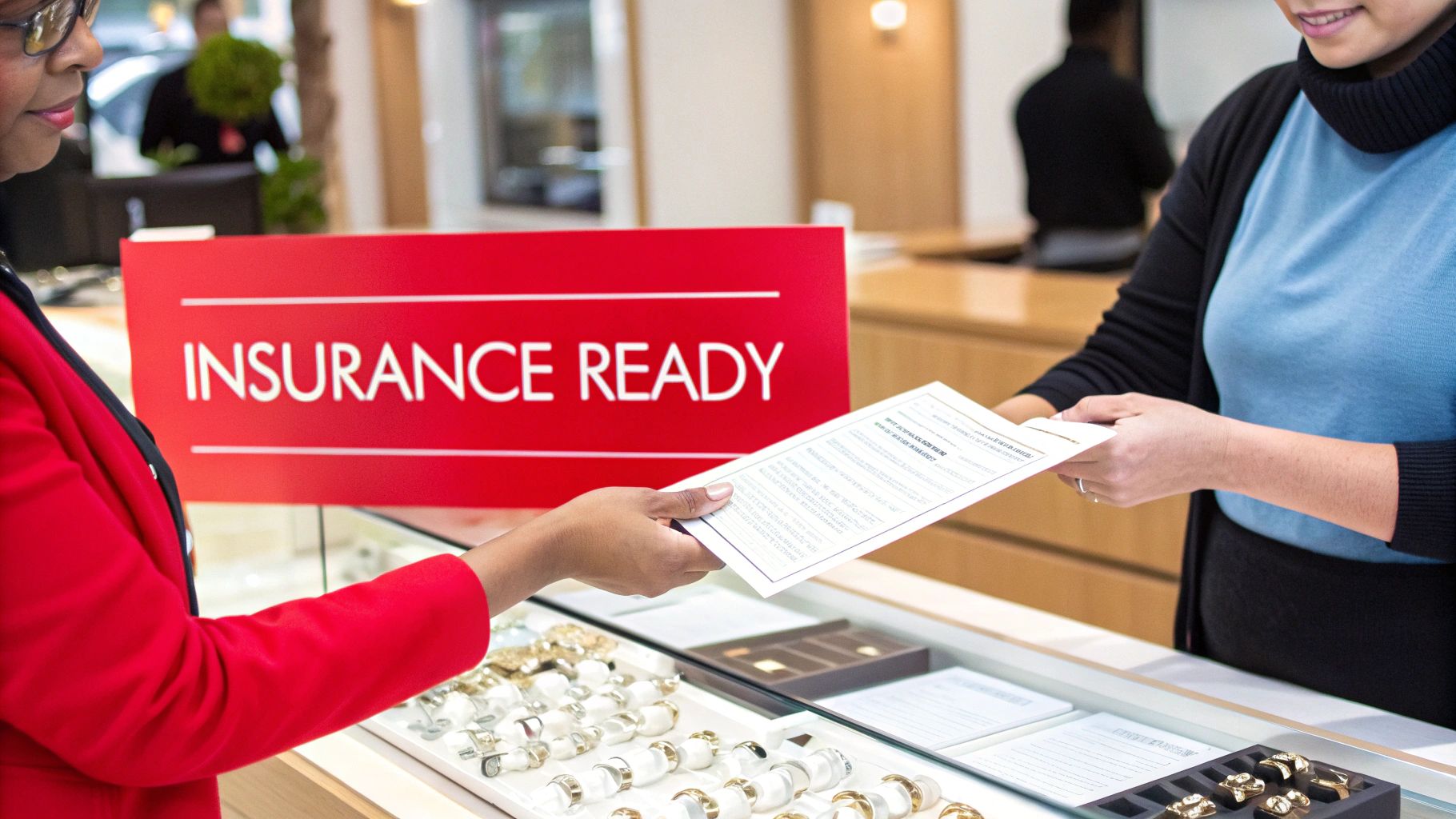 Two women exchanging appraisal documents at a jewelry store, with an 'Insurance Ready' sign.