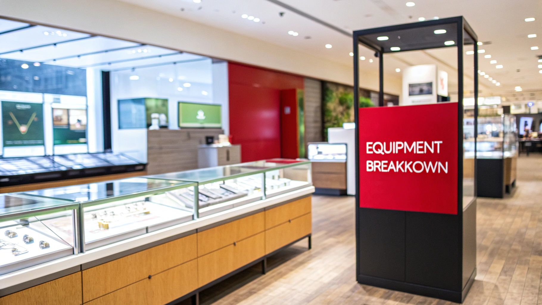 A brightly lit store interior with jewelry display cases and a prominent red sign saying 'EQUIPMENT BREAKDOWN'.