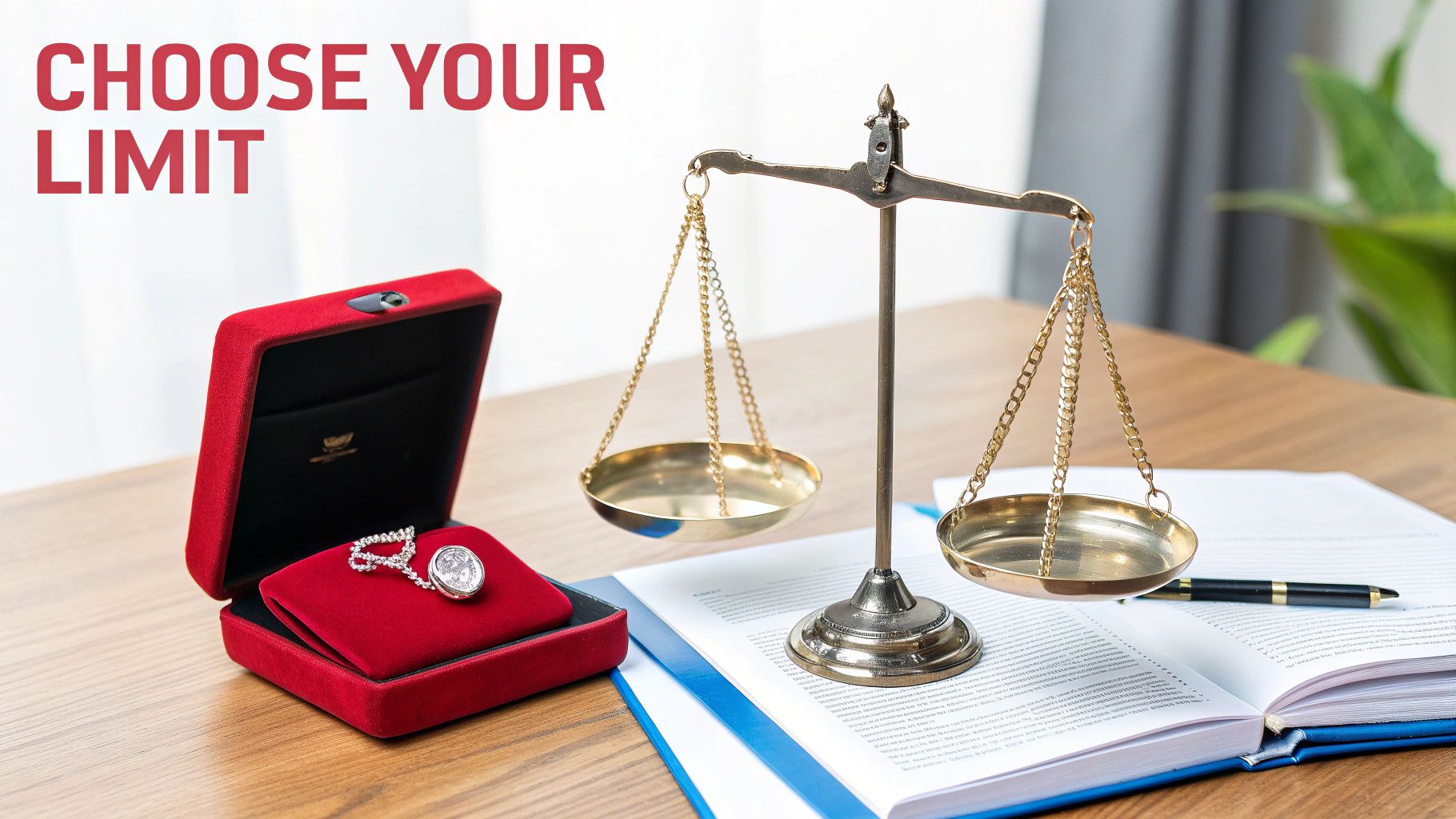 A silver necklace in a red box, a balance scale, and an open book, with 'CHOOSE YOUR LIMIT' text.