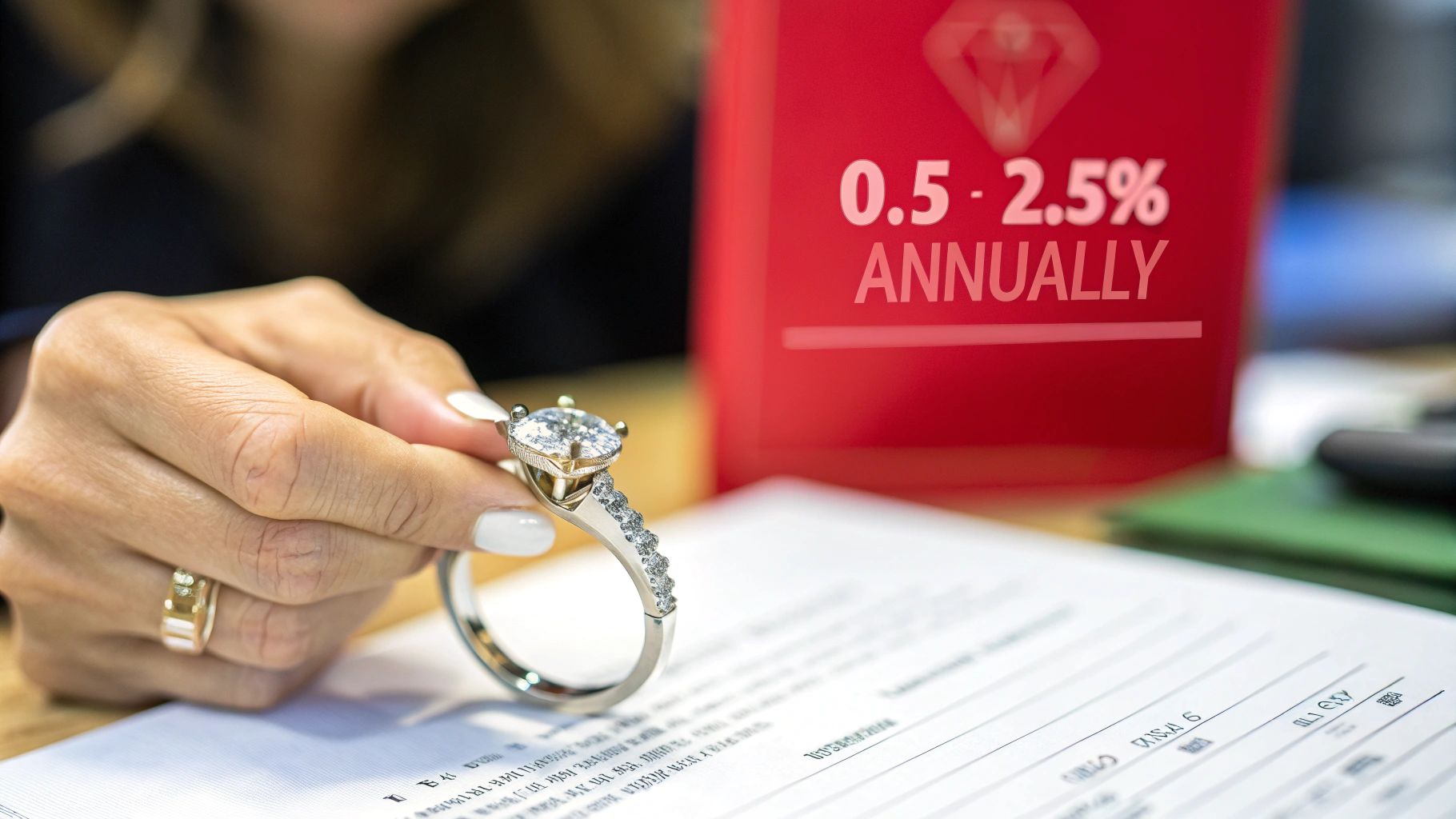 A person holds a diamond ring, with financial documents and a red sign showing annual rates in the background.
