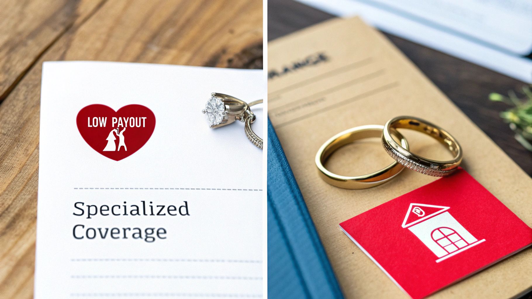 Close-up of an engagement ring, wedding bands, and insurance documents for specialized coverage and a home.