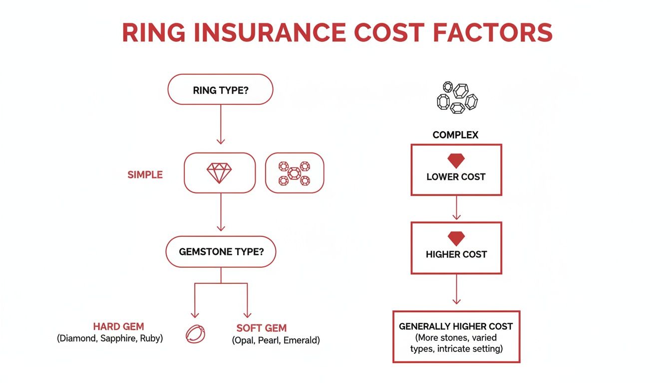 A flowchart detailing ring insurance cost factors based on ring type, gemstone type, and complexity.