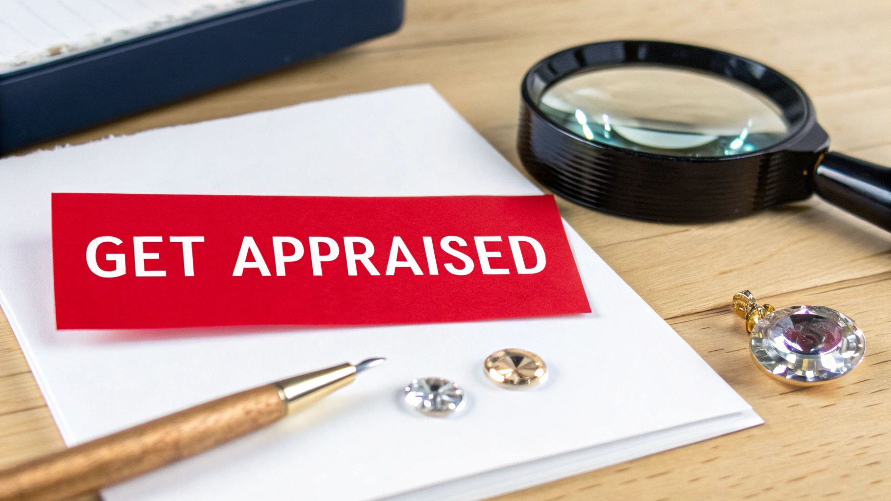 Red card 'GET APPRAISED' with jewelry, a magnifying glass, and a pen on a wooden desk.
