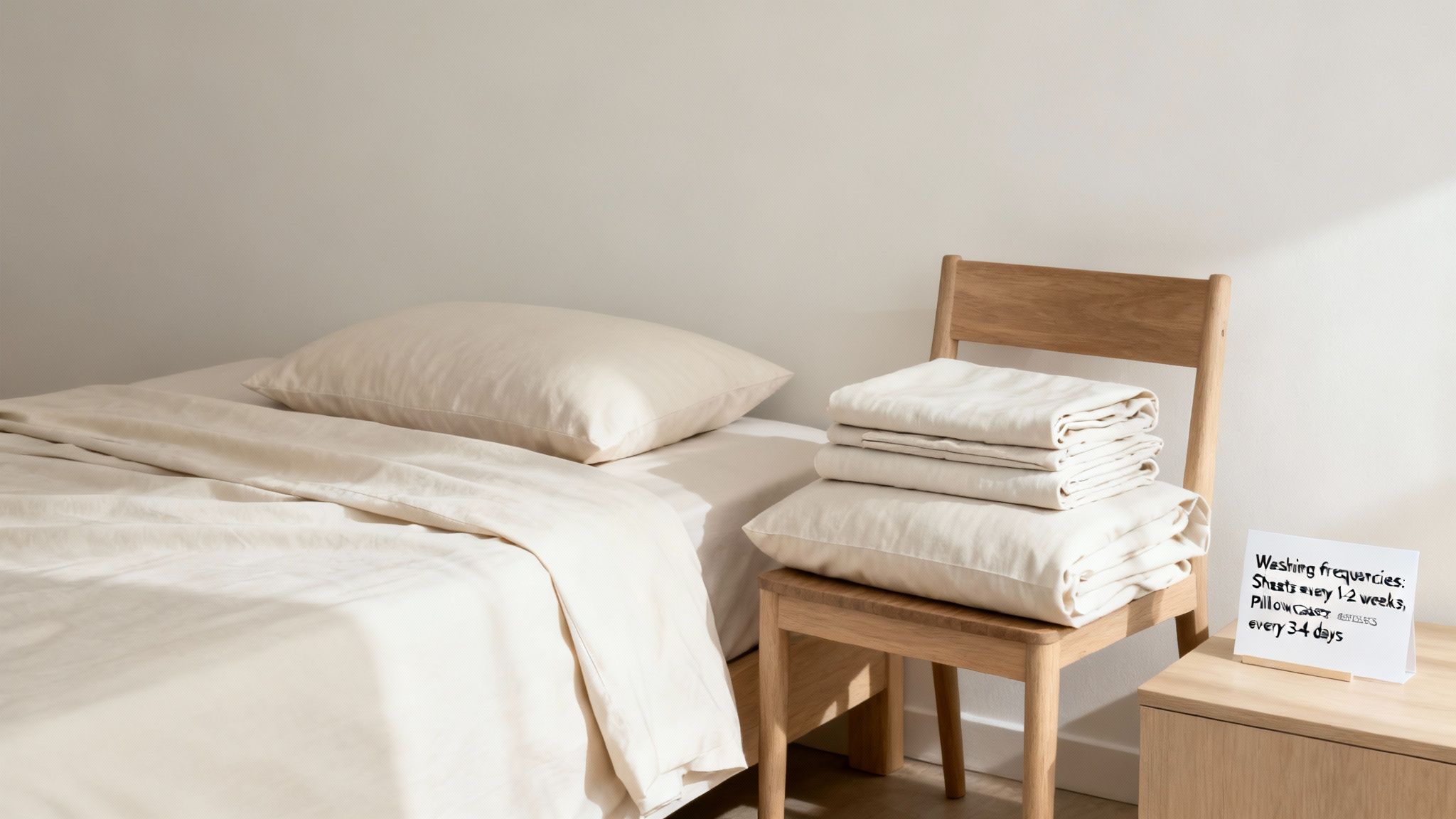 A neat stack of freshly washed, folded white bedding on a clean surface.