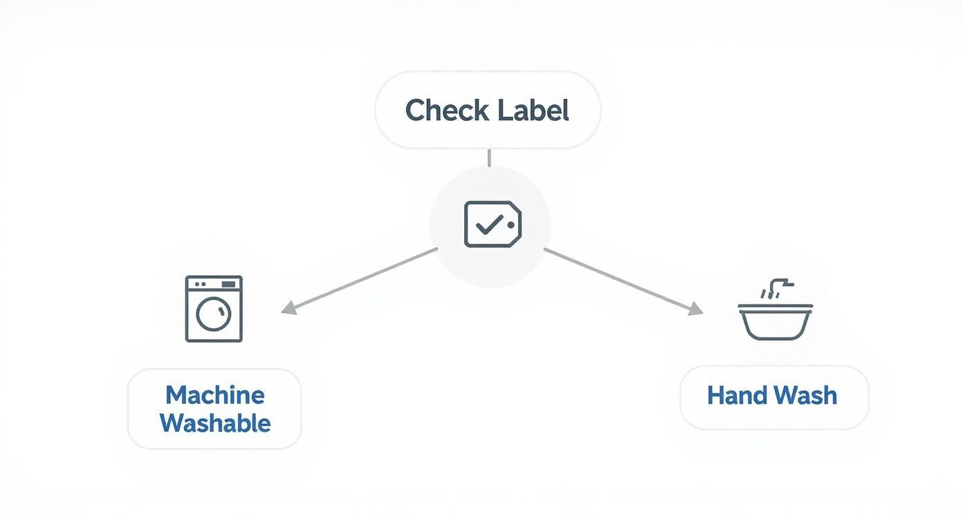 Flowchart showing how to wash an item by checking its label, leading to machine washable or hand wash.