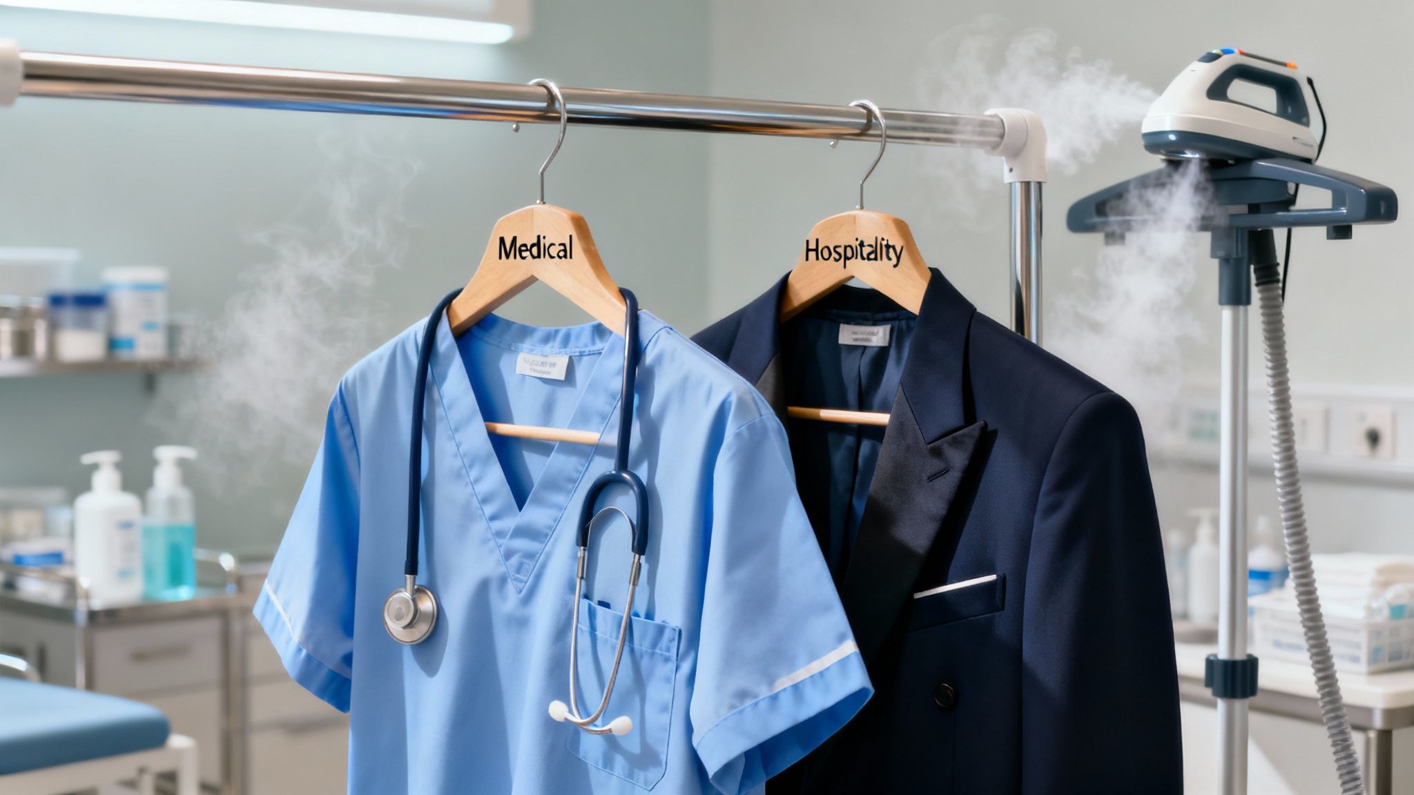 A healthcare professional in a clean blue uniform hangs a stethoscope around their neck.