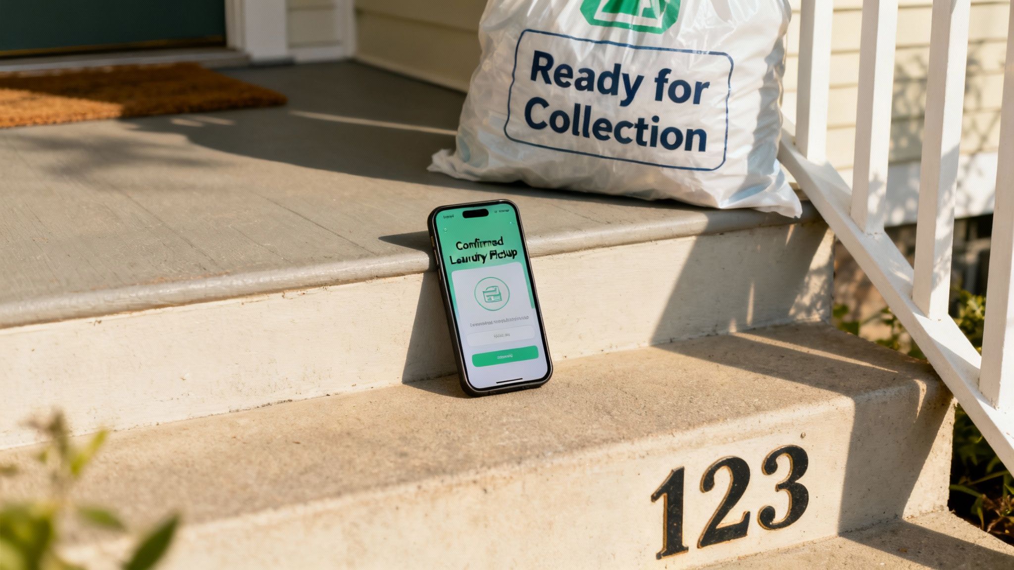 A person using their smartphone to schedule a laundry pickup online.