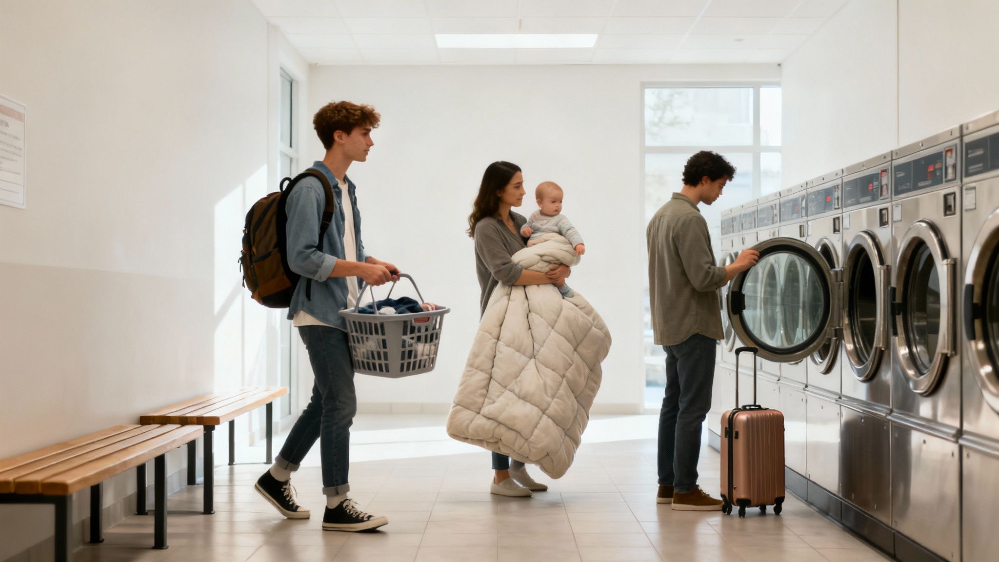 A person sitting inside a modern laundromat waiting for their laundry.