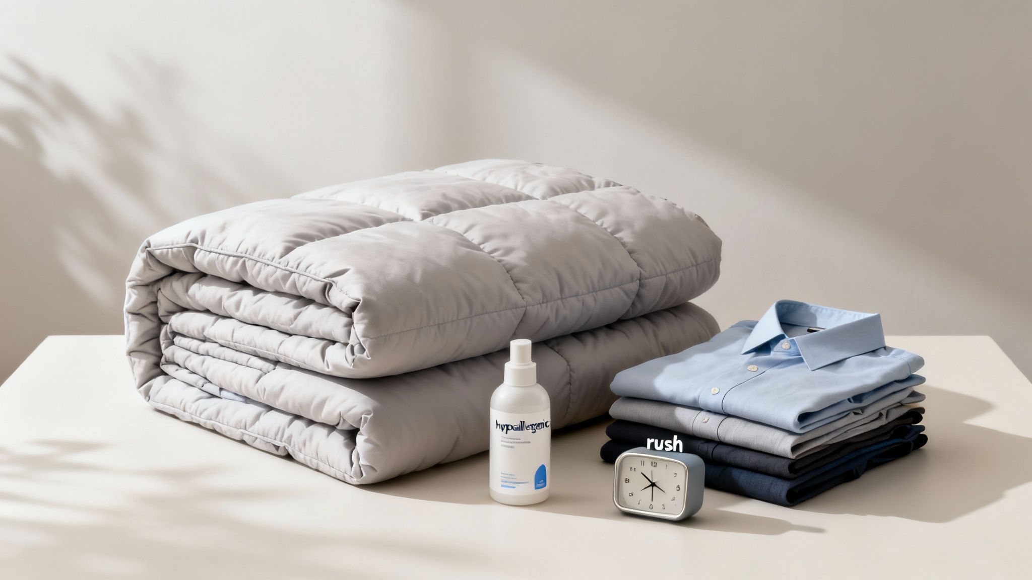 Folded gray comforters, a hypoallergenic spray, neat stack of men's shirts, and a 'rush' clock.