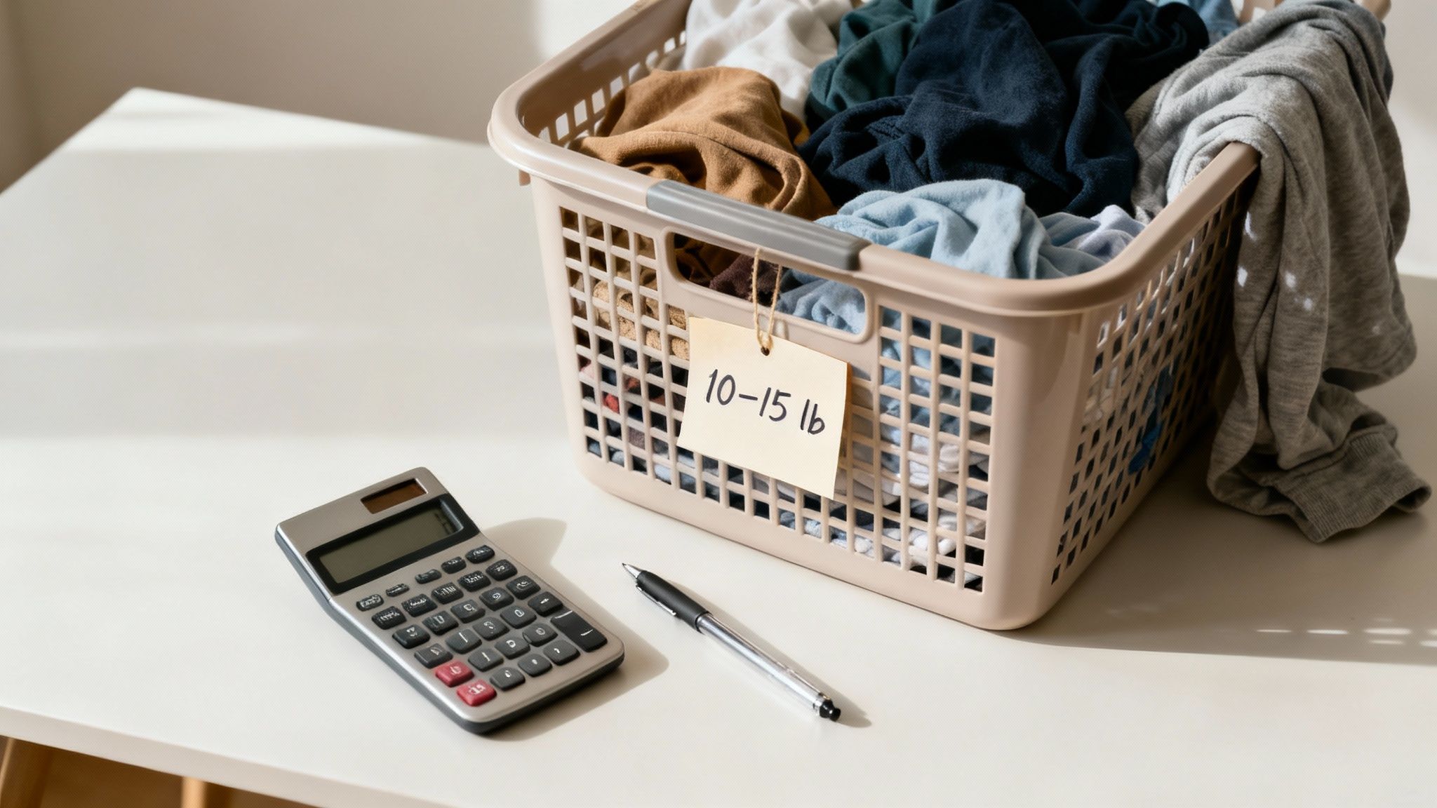 A neatly folded stack of clean laundry next to a wicker basket.