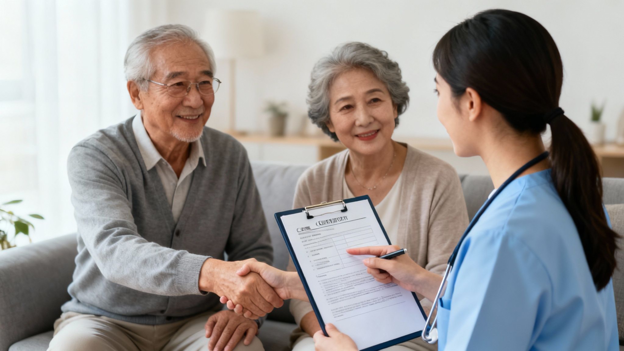 A smiling senior and a friendly caregiver reviewing a document together.