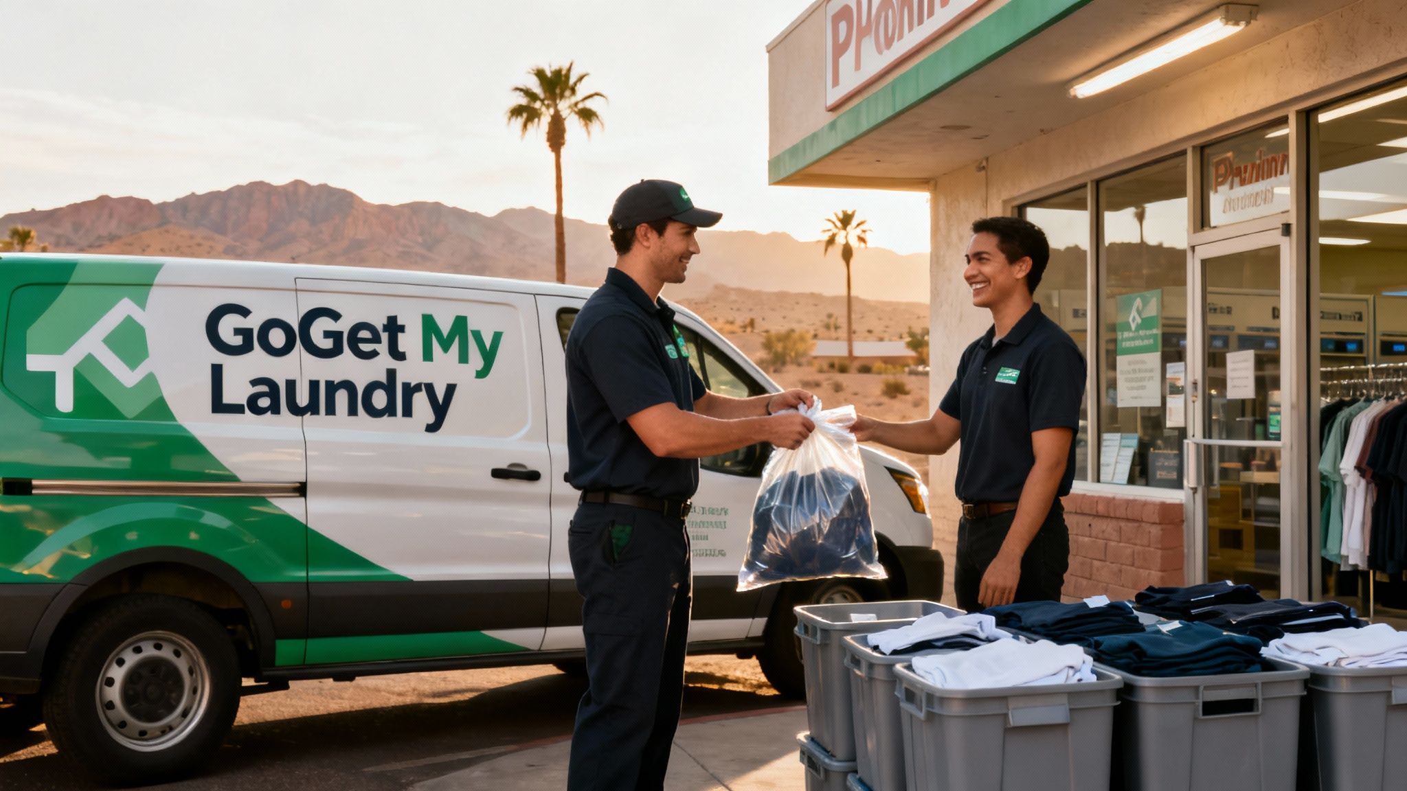 GoGet My Laundry van parked, ready for a commercial laundry pickup in Phoenix.