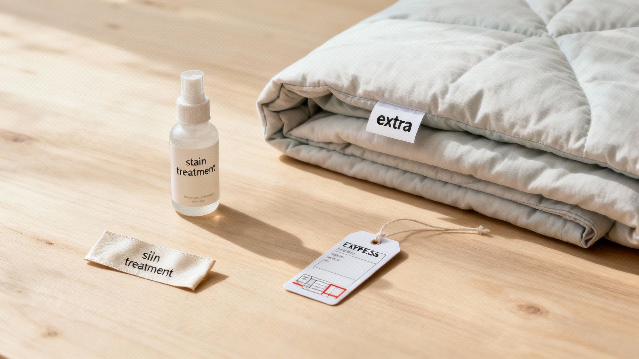 Laundry items on a wooden table, including stain treatment spray, a folded quilt, and various tags.