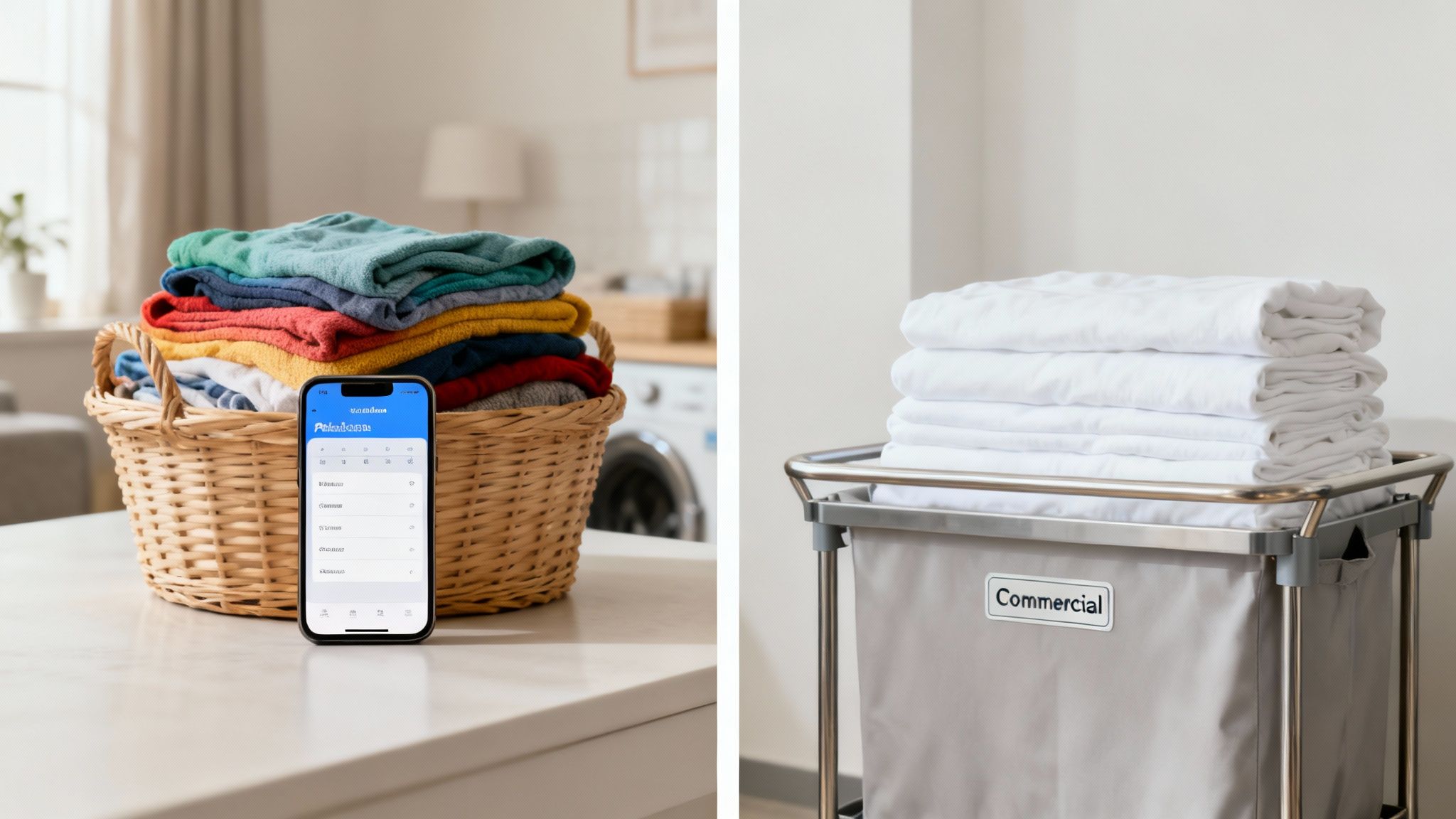 A person sorting colorful laundry into baskets, symbolizing the choice between different service models.