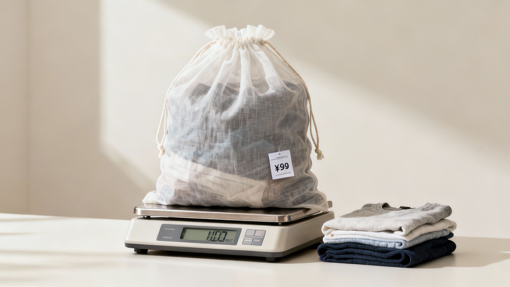 A person placing a full laundry basket onto a digital scale to determine its weight.