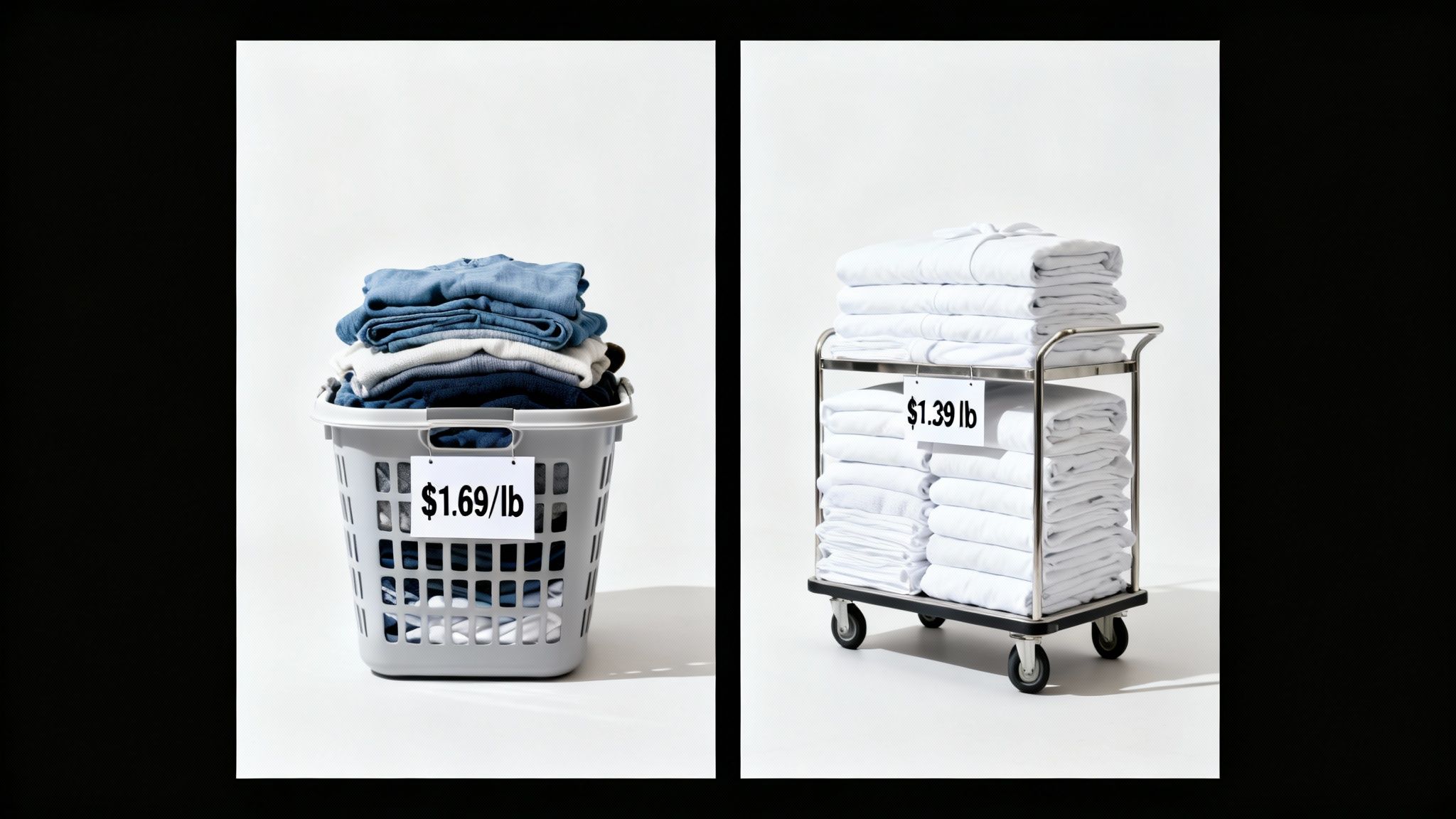 Laundry service comparison: a basket of mixed clothes at $1.69/lb next to a cart of white linens at $1.39/lb.