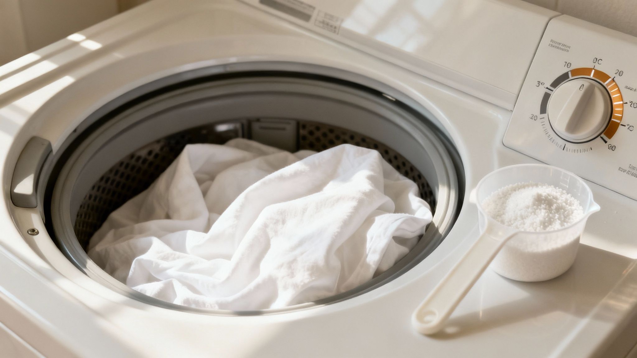 A washing machine with the door open, ready to be loaded with bedding.
