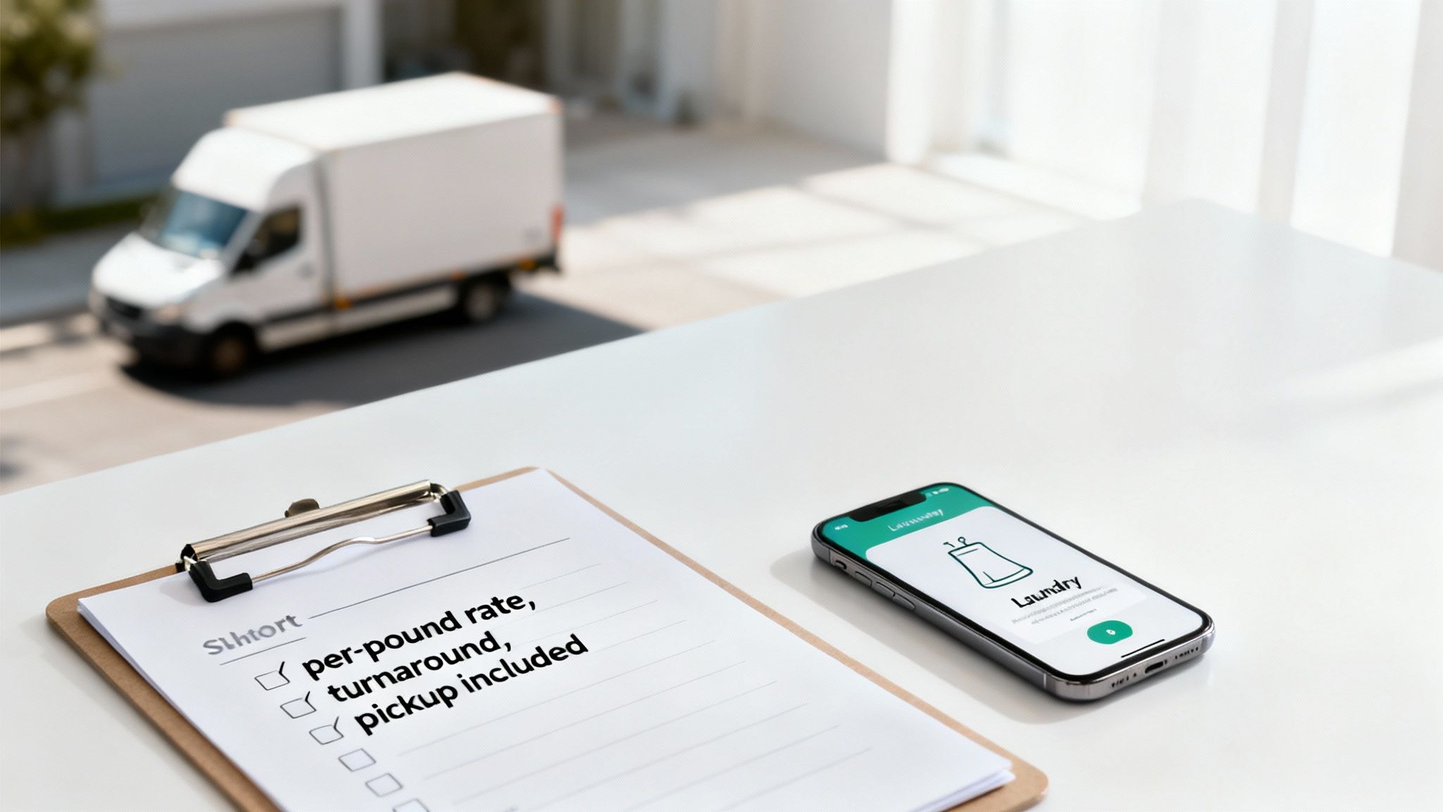 Laundry service checklist on a clipboard, a smartphone with a laundry app, and a delivery truck.