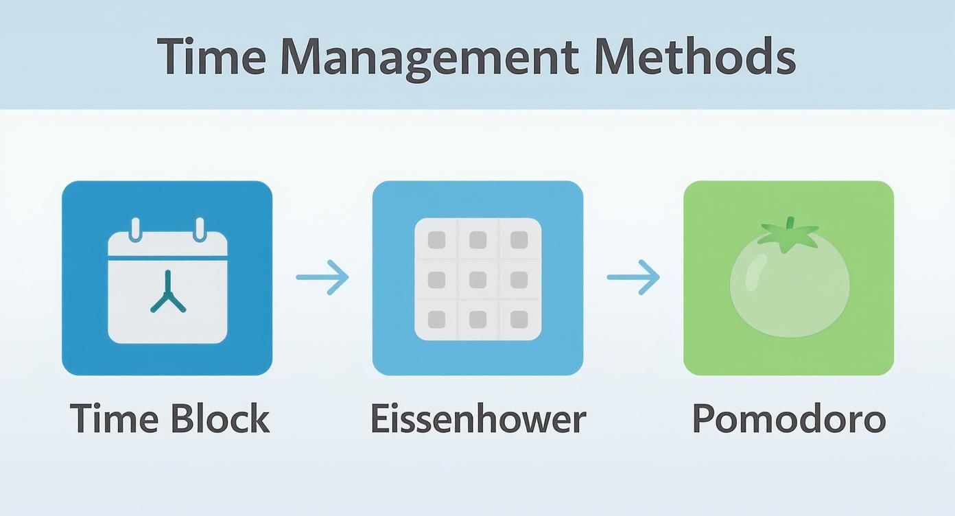 Three time management methods illustrated with icons: Time Block calendar, Eissenhower matrix grid, and Pomodoro tomato timer