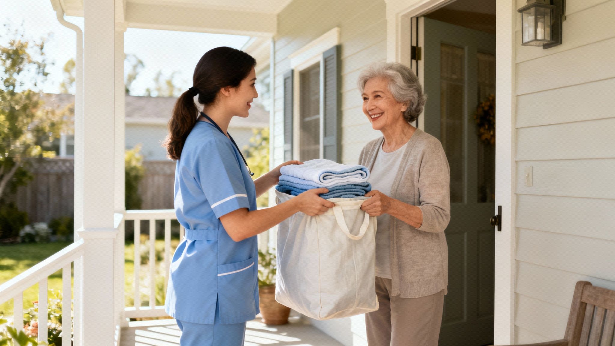 A caregiver assisting an elderly woman in her kitchen.