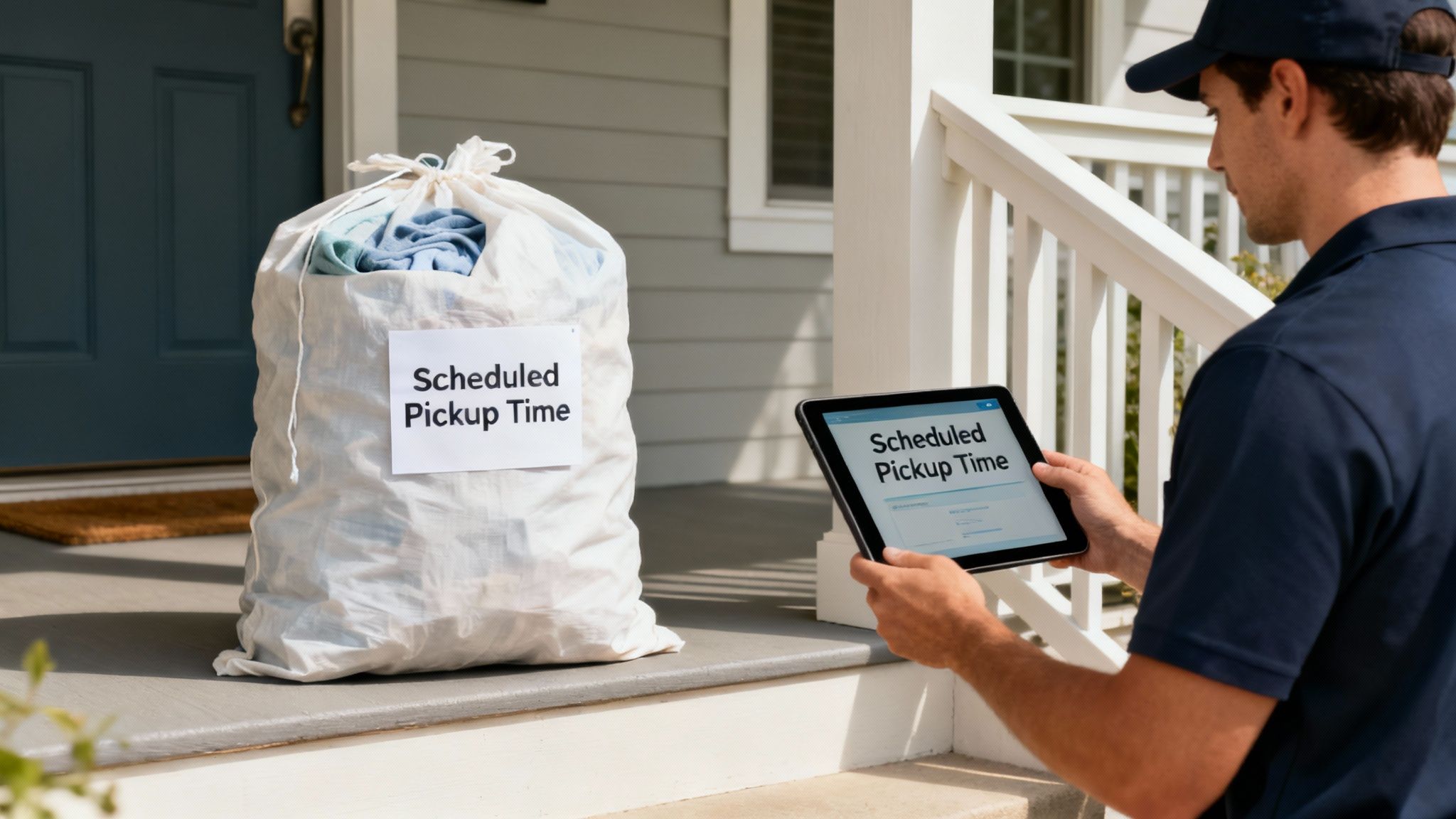 A person placing a laundry bag outside their front door for contactless pickup.
