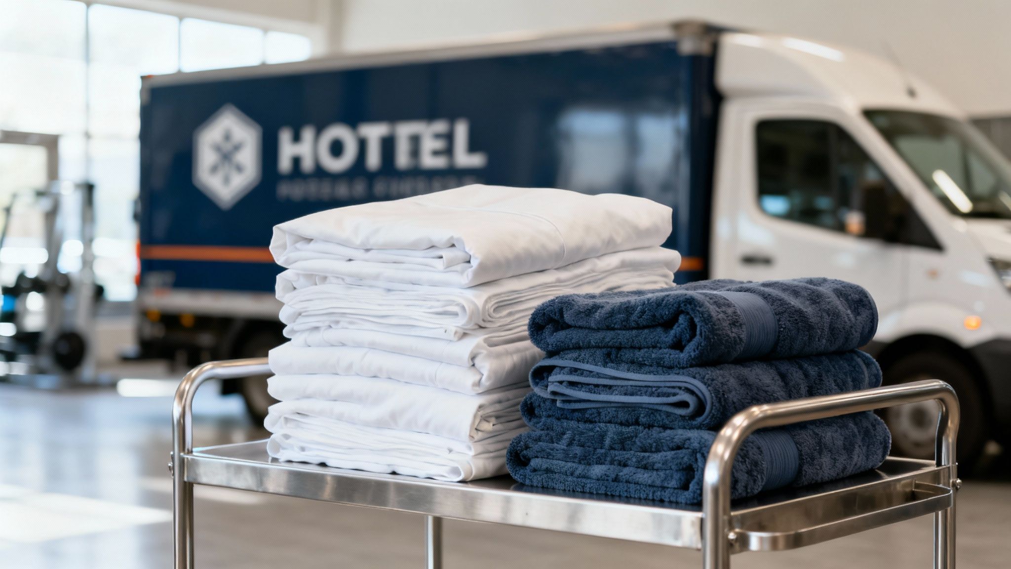 Professional hotel laundry service with neatly folded white navy towels on metal cart with delivery truck