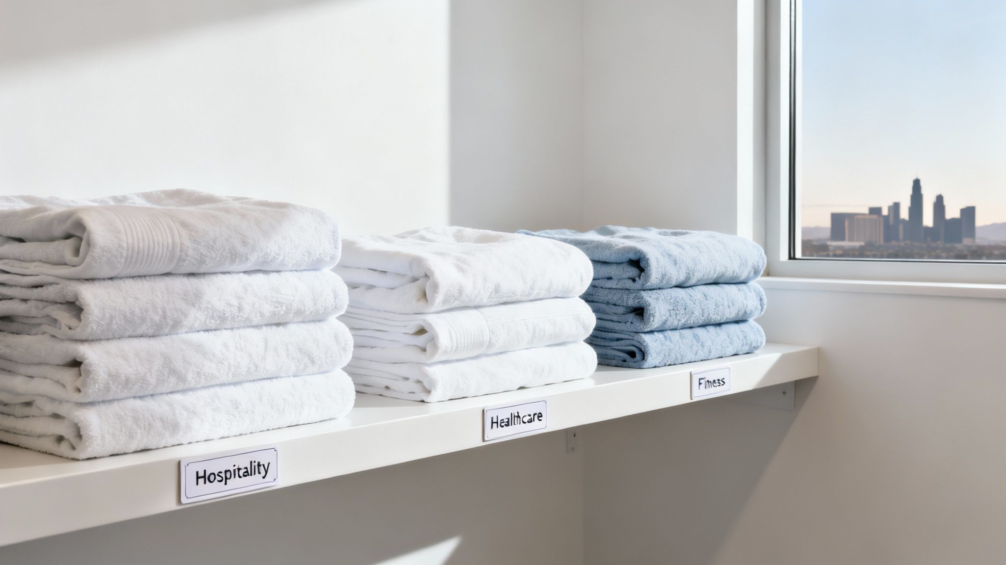 Stacks of white and blue folded towels on a shelf labeled "Hospitality", "Healthcare", and "Fitness".
