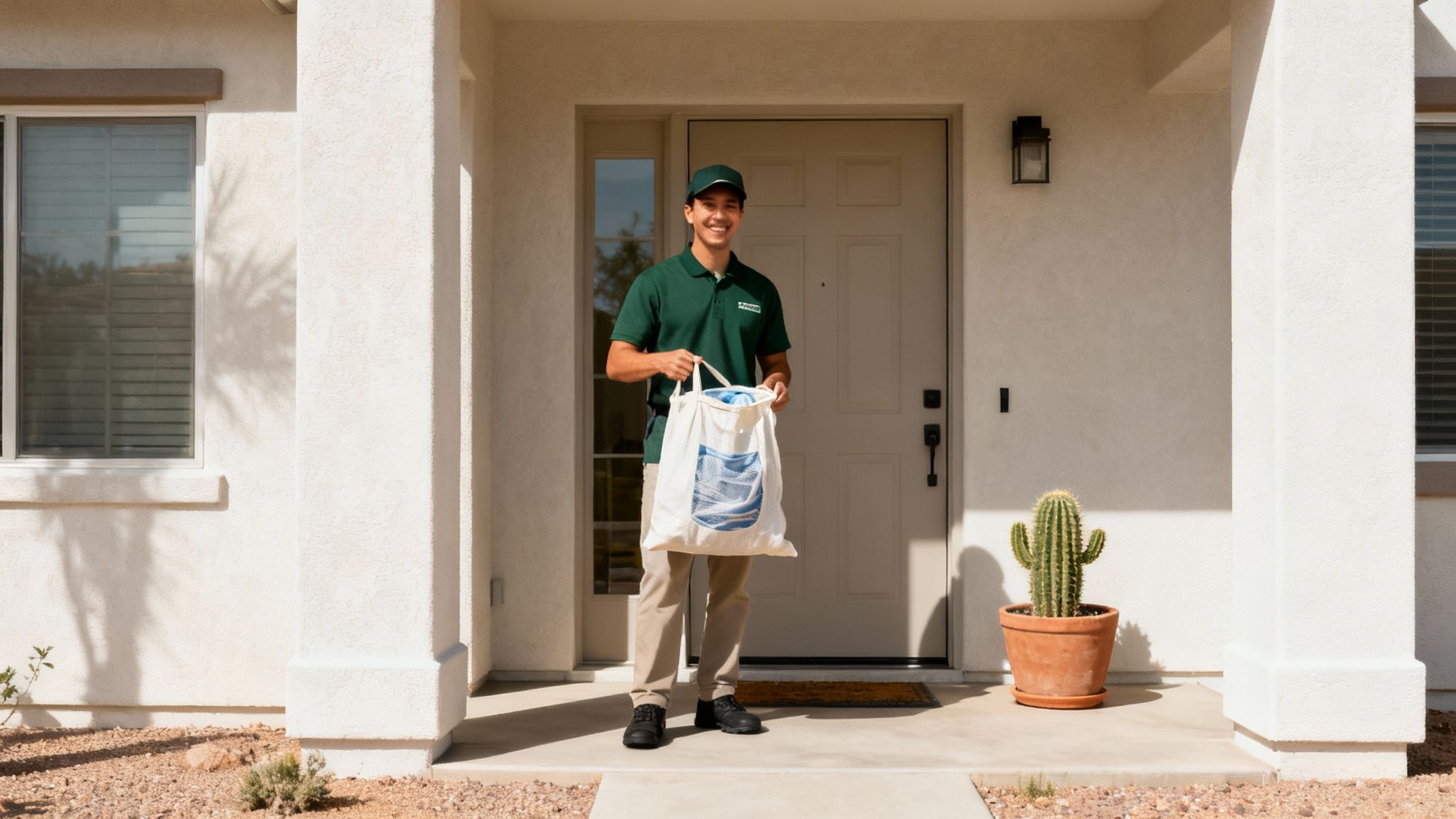 Smiling delivery person in green uniform holding white laundry bag at residential front door